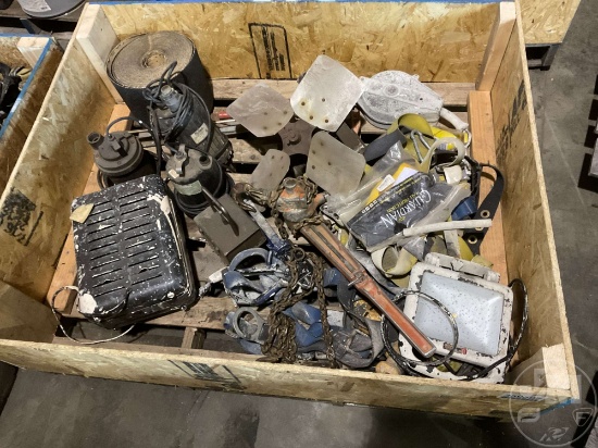 PALLET BOX OF PUMPS, COME-ALONG, HEATER, LIGHT, AND HARNESS
