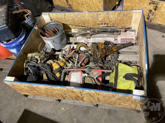 PALLET BOX OF HARNESSES, COME-ALONG, LIGHT,CLAMPS, AND TOOLS