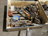 PALLET BOX OF CLAMPS, PALM SANDER, FALL ARRESTOR, HARNESSES, AND