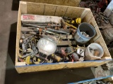 PALLET BOX OF CLAMPS, LIGHT, AND COME-ALONGS