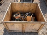 A CRATE OF VARIOUS SIZE METAL END CAPS, VALVES, &