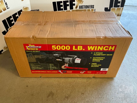 WOOD POWER 5000LB WINCH, REMOTE AND CLEVIS HOOK