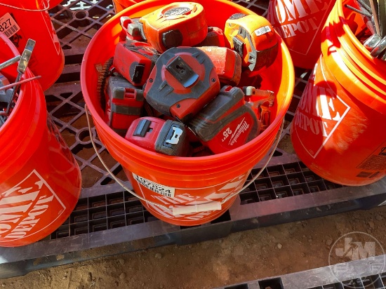 BUCKET OF TAPE MEASURES & BOX CUTTERS