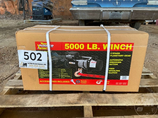 WOOD POWER 5000LB WINCH, REMOTE CONTROL & CLEVIS HOOK