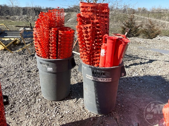 LOT OF (2) 55 GALLON TRASH CANS WITH SAFETY CONES