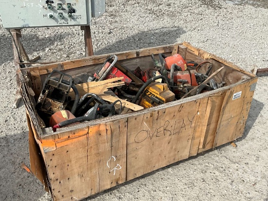 CRATE OF MISC TOOLS, INCLUDES STIHL AND PARTNER BRANDS, SKILLSAWS,