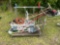 CART WITH BROOMS, EXTENSION CORDS, SPONGE ROLLER MOPS, STRAPS &