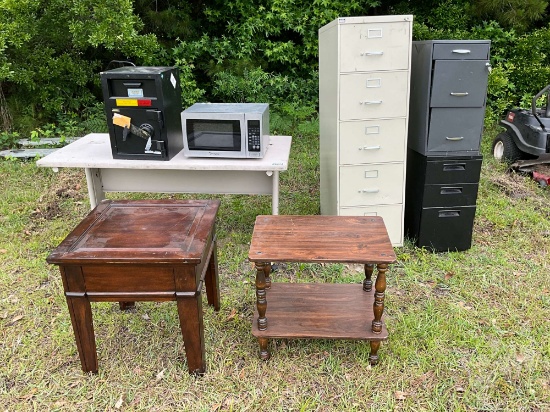 SAFE, MICROWAVE, TABLES, & FILE CABINETS