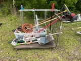CART WITH BROOMS, EXTENSION CORDS, SPONGE ROLLER MOPS, STRAPS &