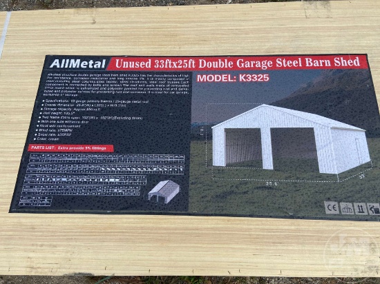 UNUSED ALLMETAL K3325 33 FT X 25 FT DOUBLE GARAGE STEEL BARN SHED SN: AM2412915