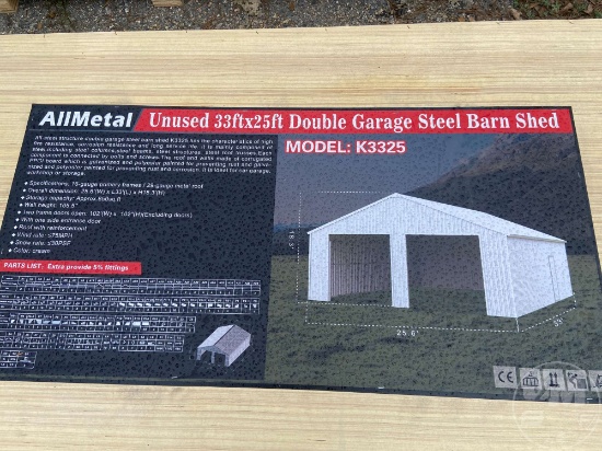 UNUSED ALLMETAL K3325 33 FT X 25 FT DOUBLE GARAGE STEEL BARN SHED SN: AM2412916