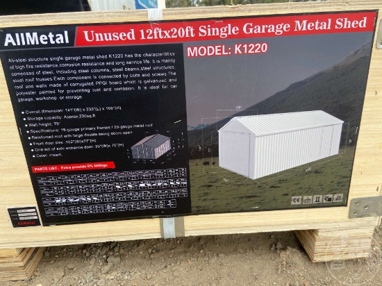 UNUSED ALLMETAL K1220 12 FT X 20 FT SINGLE GARAGE METAL SHED SN: AM2412908