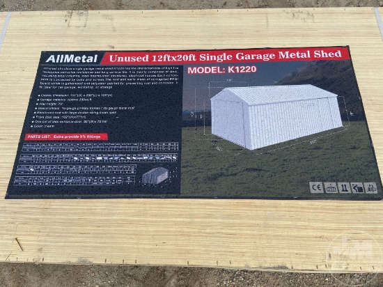 UNUSED ALLMETAL K1220 12 FT X 20 FT SINGLE GARAGE METAL SHED SN: AM2412886