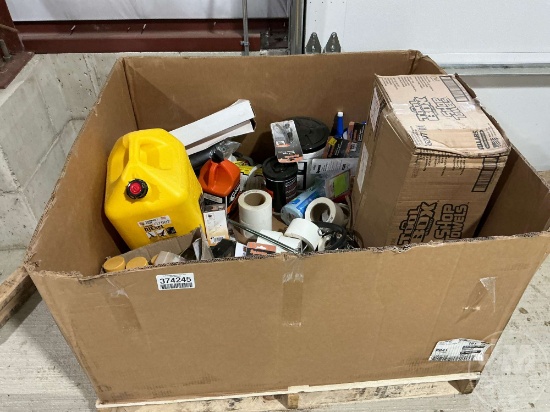 PALLET OF MISCELLANEOUS PAINT, SHOP TOWELS, TARP STRAPS, RATCHET STRAPS