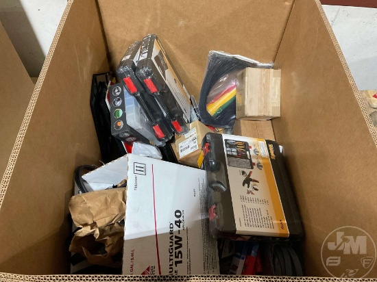BOX OF ELECTRICAL KITS, HITCH PINS, SMV SIGNS