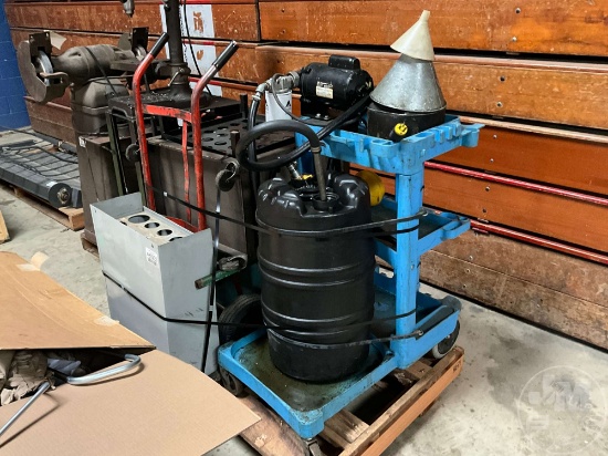 OIL BARREL, PUMP, STANDS & DOLLY CART