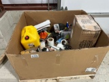 PALLET OF MISCELLANEOUS PAINT, SHOP TOWELS, TARP STRAPS, RATCHET STRAPS