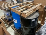LOT OF THREE BARRELS OF ANTIFREEZE, SAE 15W-40 DIESEL ENGINE OIL AND ISO 100 HYDRAULIC OIL