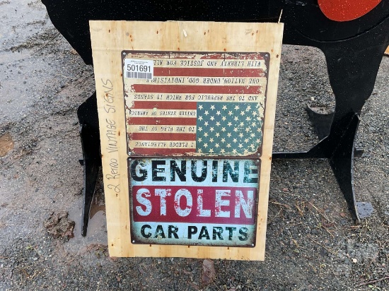 QTY (2) RETRO VINTAGE SIGNS, STOLEN CAR PRRTS, PLEDGE OF