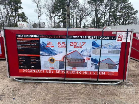 UNUSED 2024 HILLS INDUSTRIAL 50 X 40 X 26 FT DOUBLE TRUSS HEAVY DUTY SHELTER