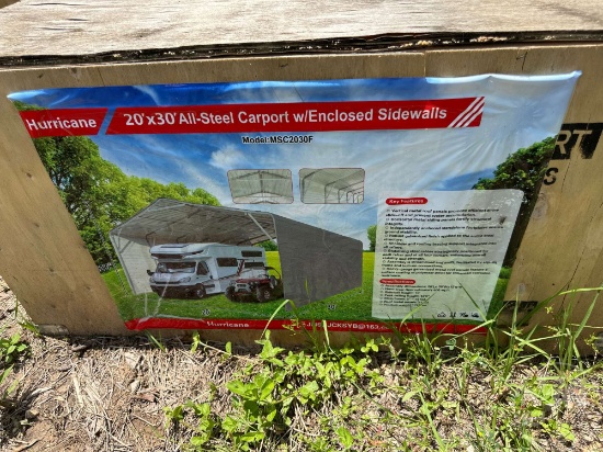 UNUSED HURRICANE MSC2030F 20 FT X 30 FT  STEEL CARPORT W/ ENCLOSED SIDEWALLS