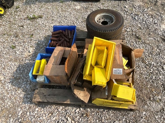 PALLET OF BOLT BINS, PINS & 3 TIRES 5.70-8