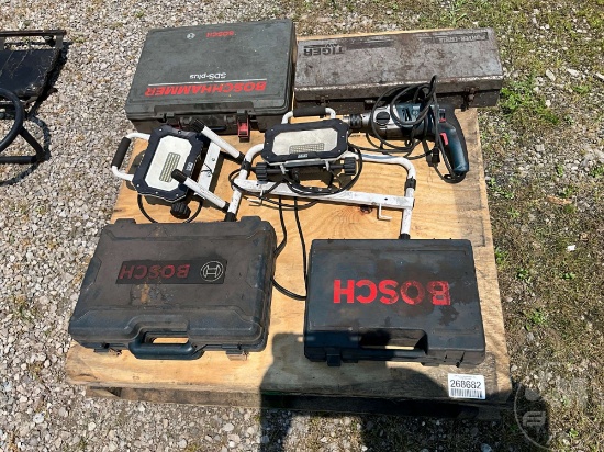 LOT OF VARIOUS HAND TOOLS TO INCLUDE CORDLESS BOSCH DRILL,