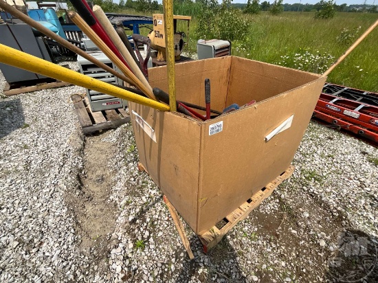 2 CRATES OF PUSH BROOMS & SHOVELS