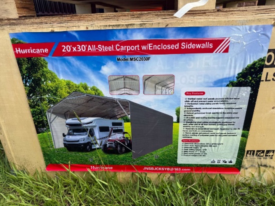 UNUSED 2025 HURRICANE MCS2030F 20' X 30' STEEL CARPORT W/ ENCLOSED SIDEWALLS