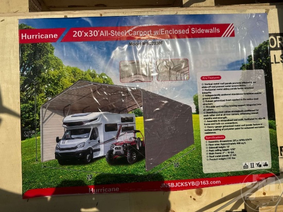 UNUSED 2025 HURRICANE MCS2030F 20' X 30' STEEL CARPORT W/ ENCLOSED SIDEWALLS