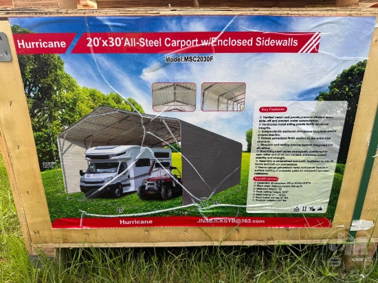 UNUSED 2025 HURRICANE MCS2030F 20' X 30' STEEL CARPORT W/ ENCLOSED SIDEWALLS