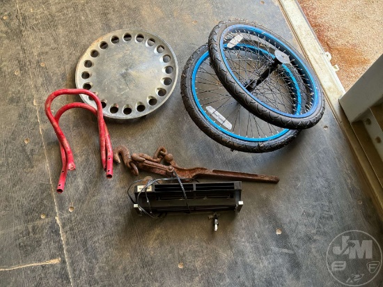 QTY OF (2) TROY BILT ENGINE GUARDS, ELECTRIC FAN, (2) 20X1.75 BICYCLE TIRES, & (1) CHAIN BINDER