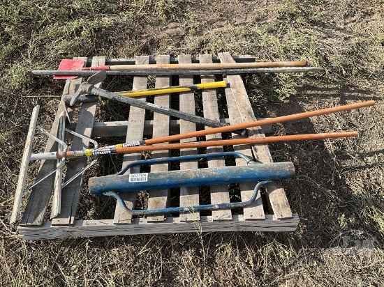 PALLET OF HAND TOOLS, INCLUDES: POST DRIVER, FLOOR SQUEEGEES, PICK