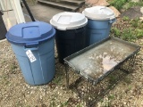 3 Plastic Garbage Containers w/lid and wire stand