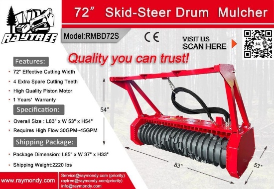 Unused Raytree 72" Skid Steer Drum Mulcher