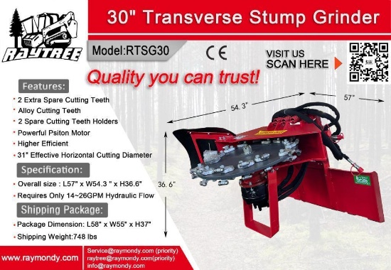 Unused Raytree 30" Traverse Stump Grinder