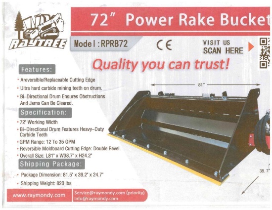 Unused Raytree 72" Power Rake Bucket