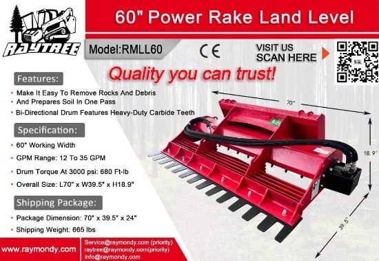Unused Raytree 60" Power Rake Land Level