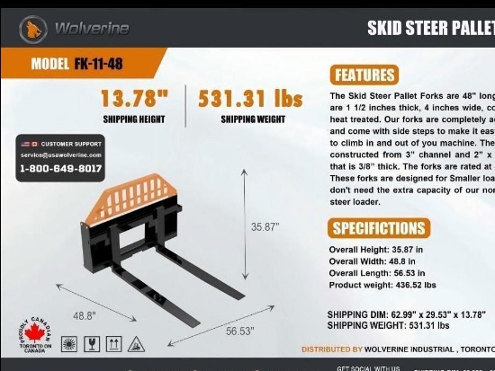 Unused Wolverine Skid Steer Pallet Forks - Middlebury, IN