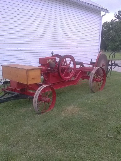 1923 Economy 5 HP Gas Engine on Steel-Wheel Trucks w/ Buzz Saw Rig