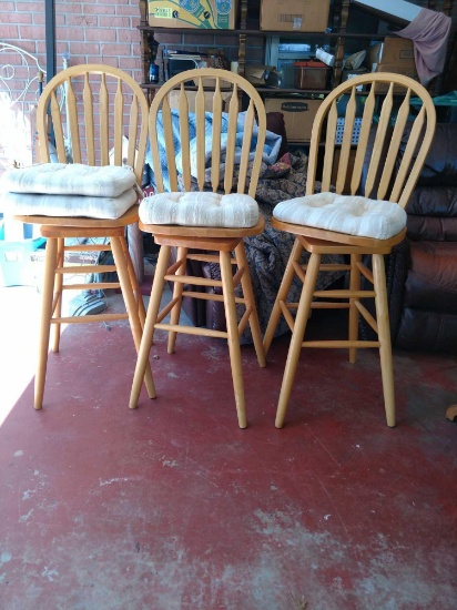 3 light Oak tall Wooden Swivel Bar Stools