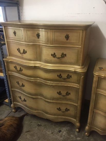 Solid wood serpentine front gold 2 over 3 dresser. Gorgeous