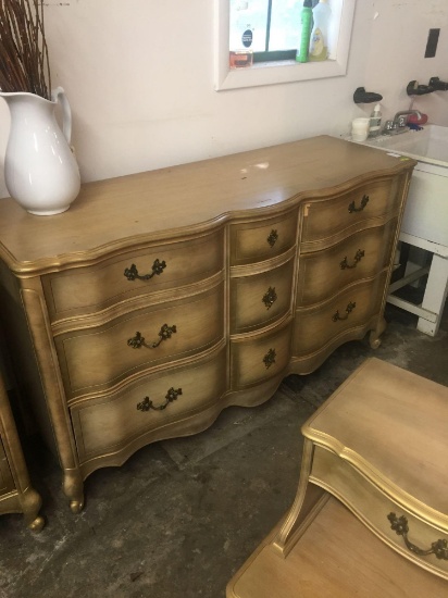 Long solid wood serpentine front gold 9 drawer dresser