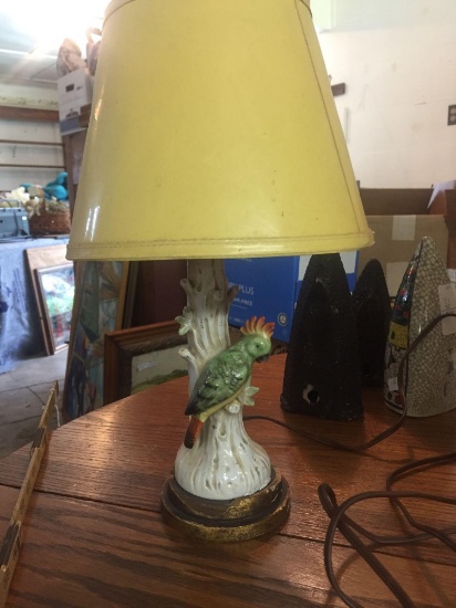Antique handpainted parrot boudoir or desk lamp with shade