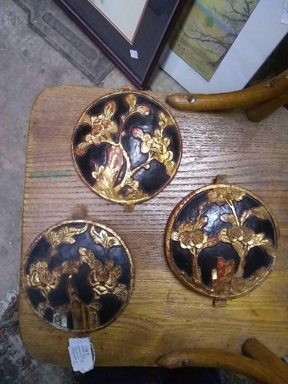 Three rare wooden carved polychromed buttons
