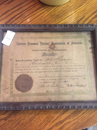 1800?s Custom Foreman Tailors? Association of America membership certificate. In frame