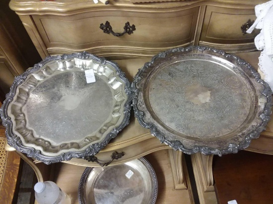 One 15" and One 16" Vintage ornate Silver Plated Serving Trays