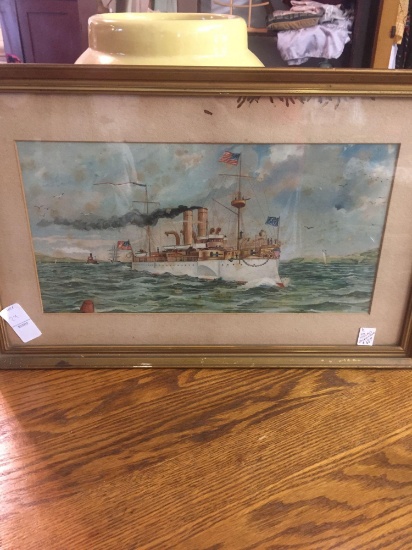 Vintage framed Ship print. Colorful signed Fetherston