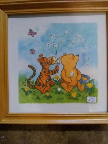 Set of Six Colorful ?Winnie the Pooh" themed pictures with light oak frames