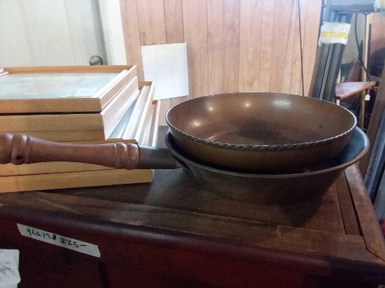 (2) Copper Pans. One footed, One With Wooden Handle